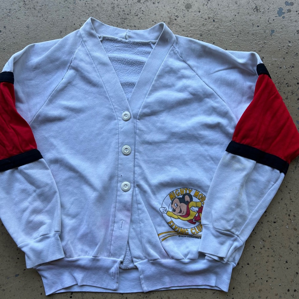 Vintage Mighty Mouse Flying Club Cardigan Sweatshirt White Red Small